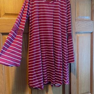 Btween Maroon striped long bell sleeves with lace on top light weight dress
